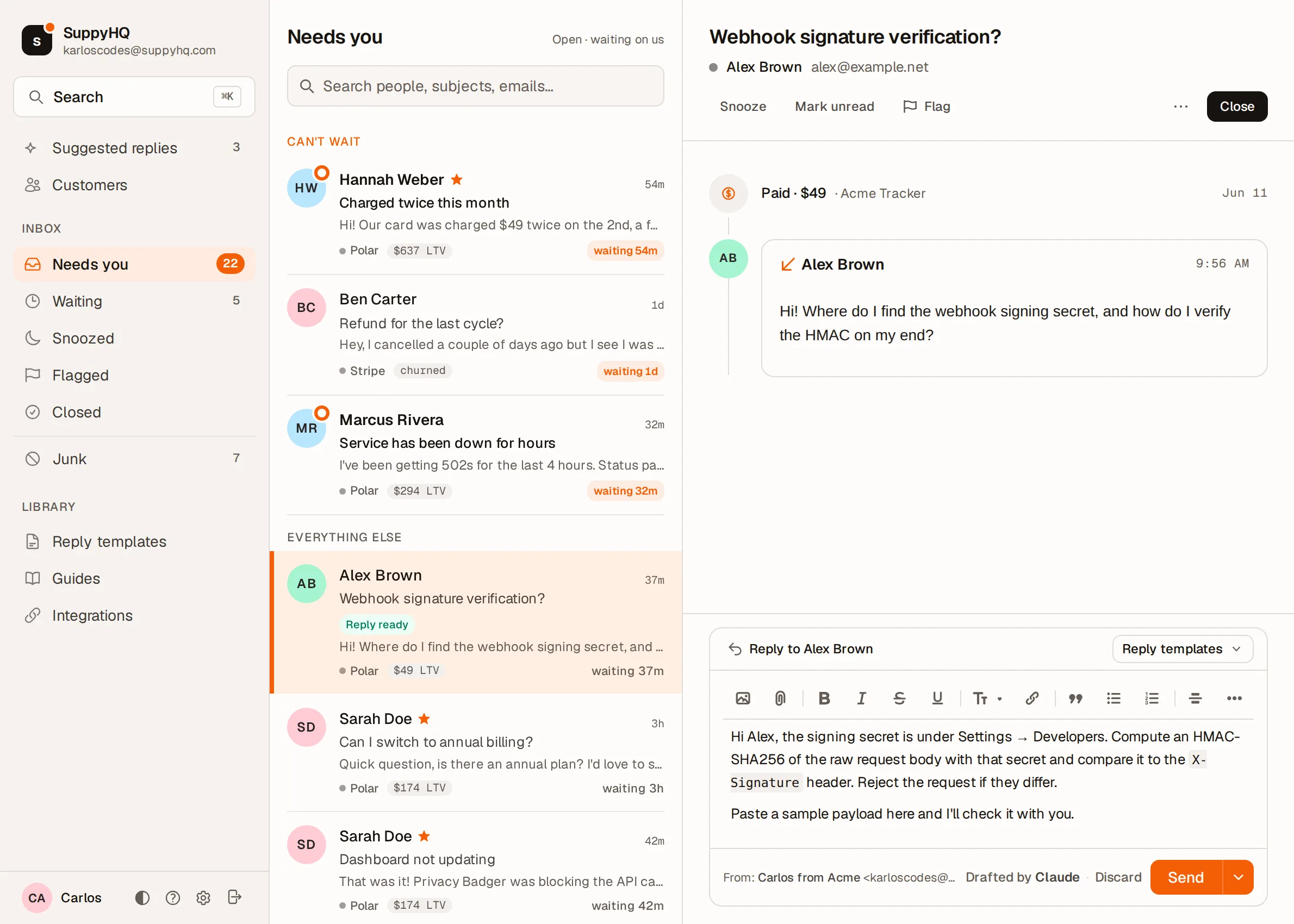 The SuppyHQ desk: conversations that need you, each customer's plan and lifetime value, and a reply Claude drafted, waiting to be sent