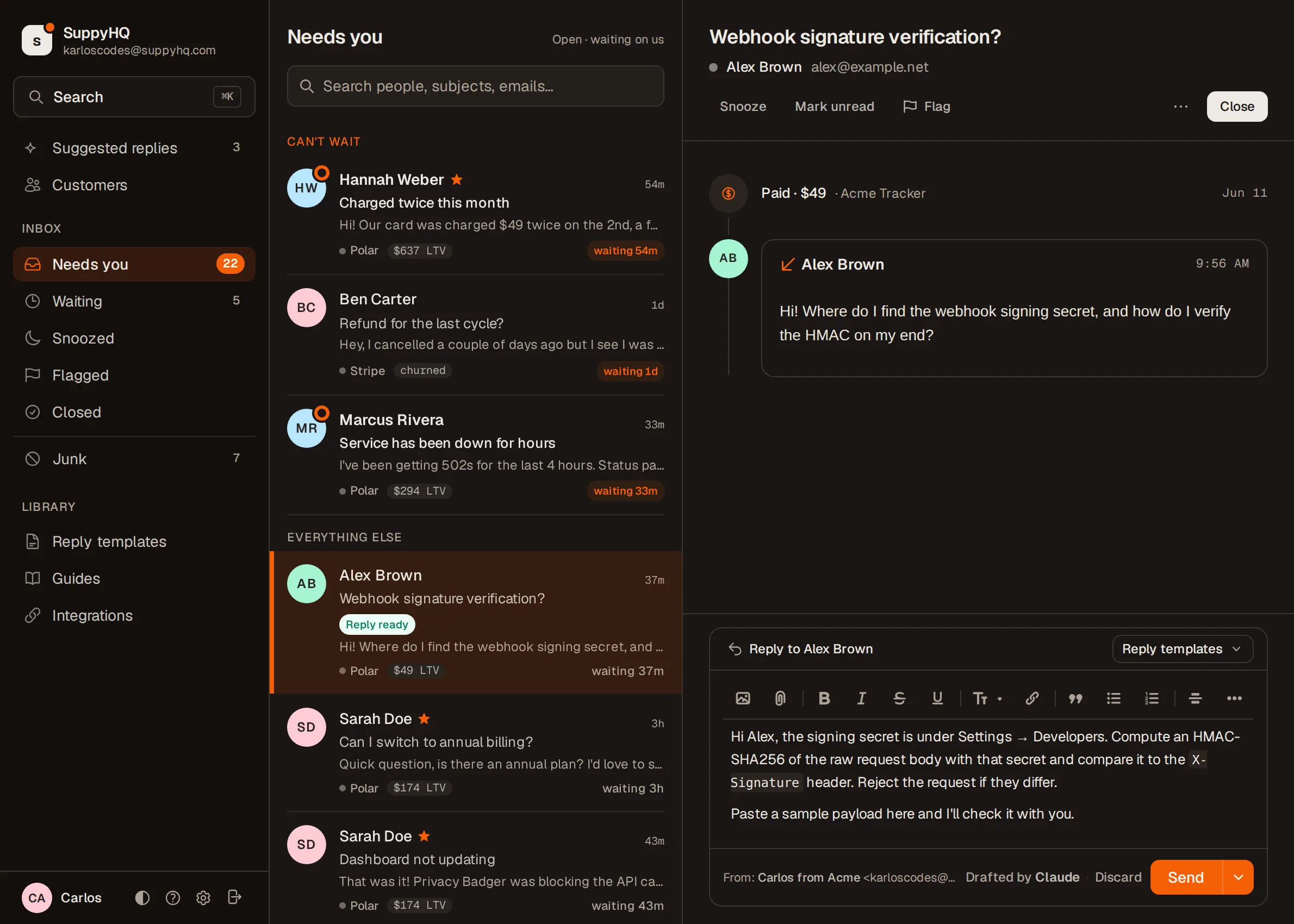 The SuppyHQ desk: conversations that need you, each customer's plan and lifetime value, and a reply Claude drafted, waiting to be sent