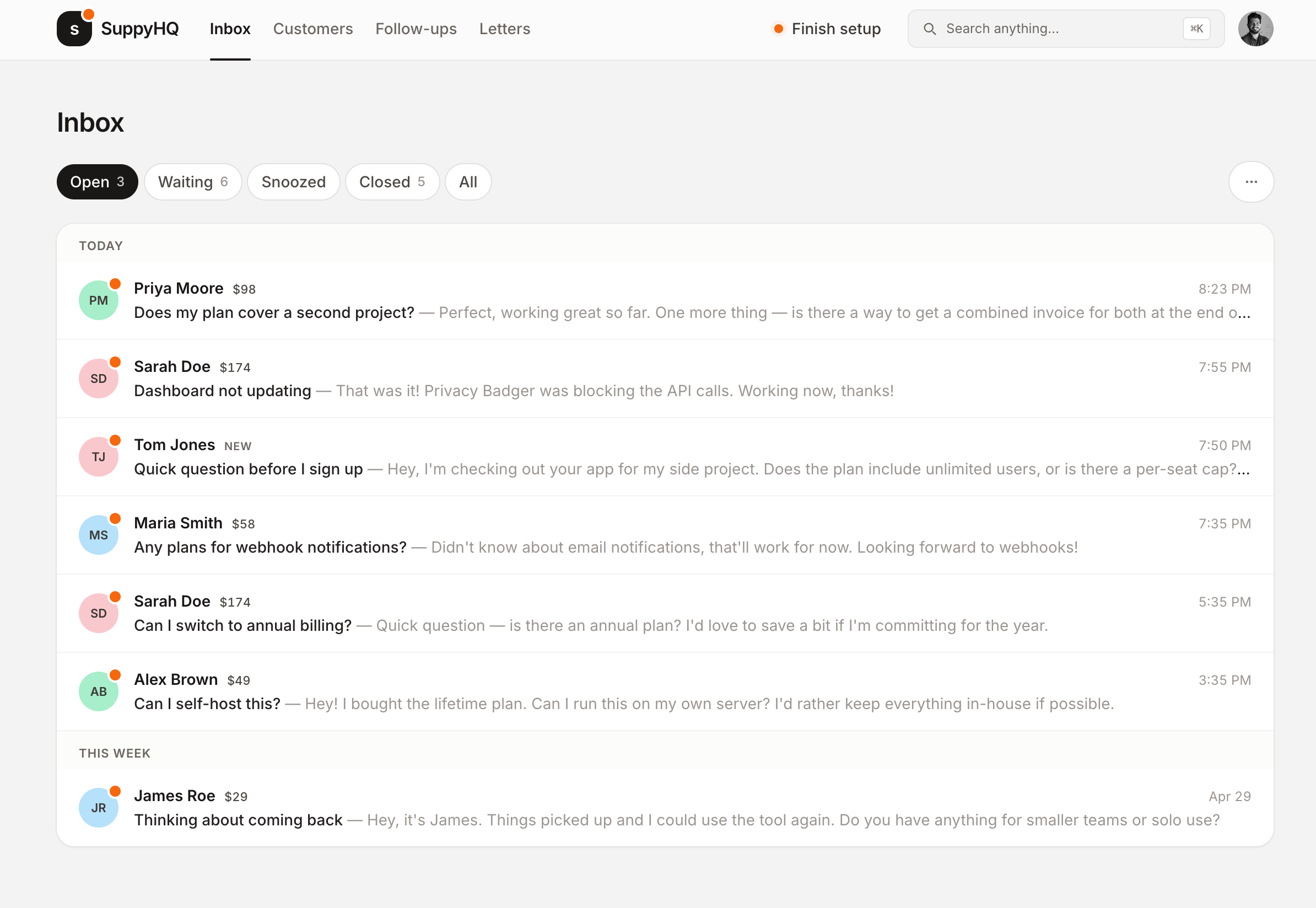 SuppyHQ inbox showing customer conversations with their LTV next to each name