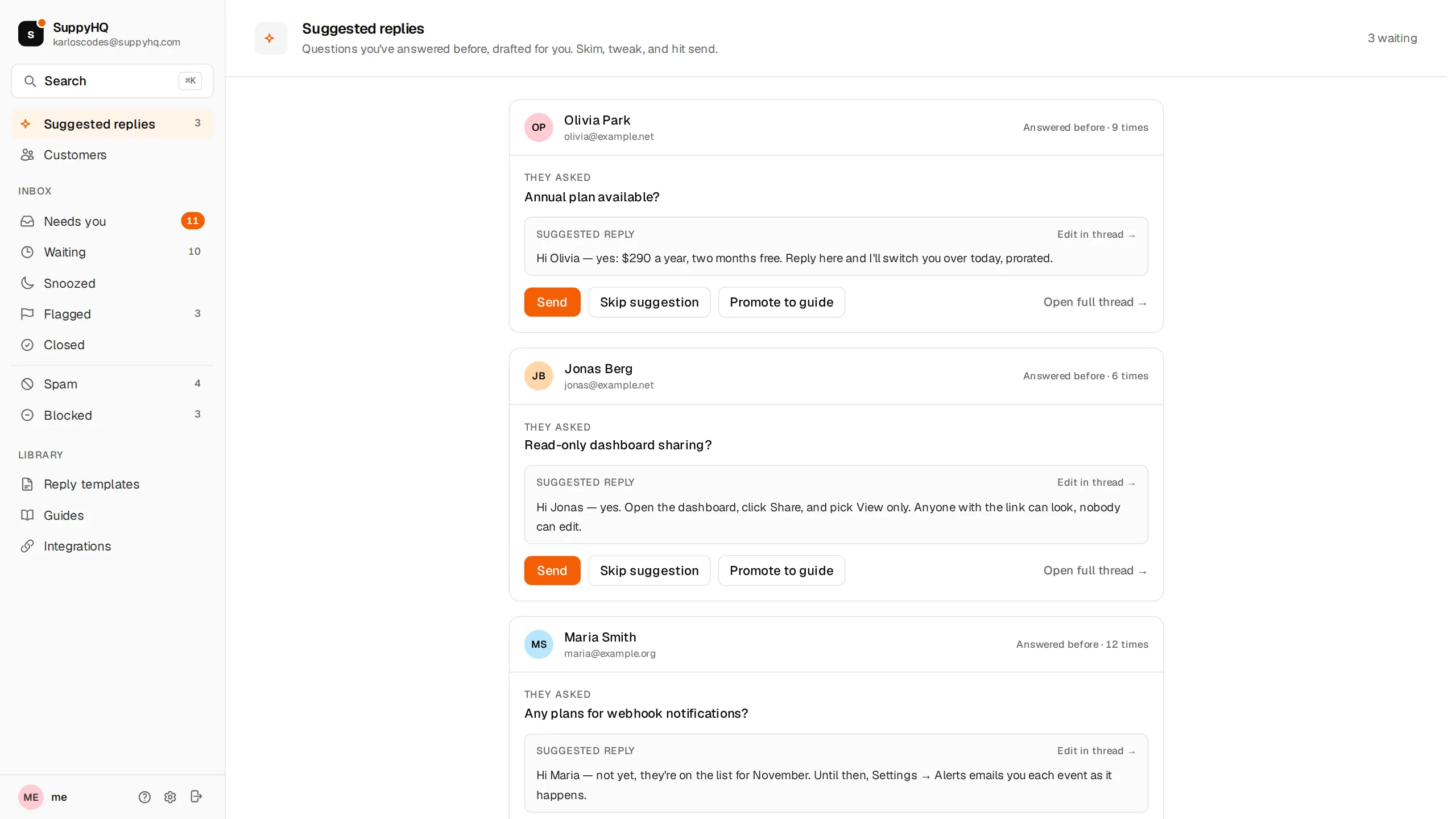 Suggested replies: past answers drafted for you, Send or Skip