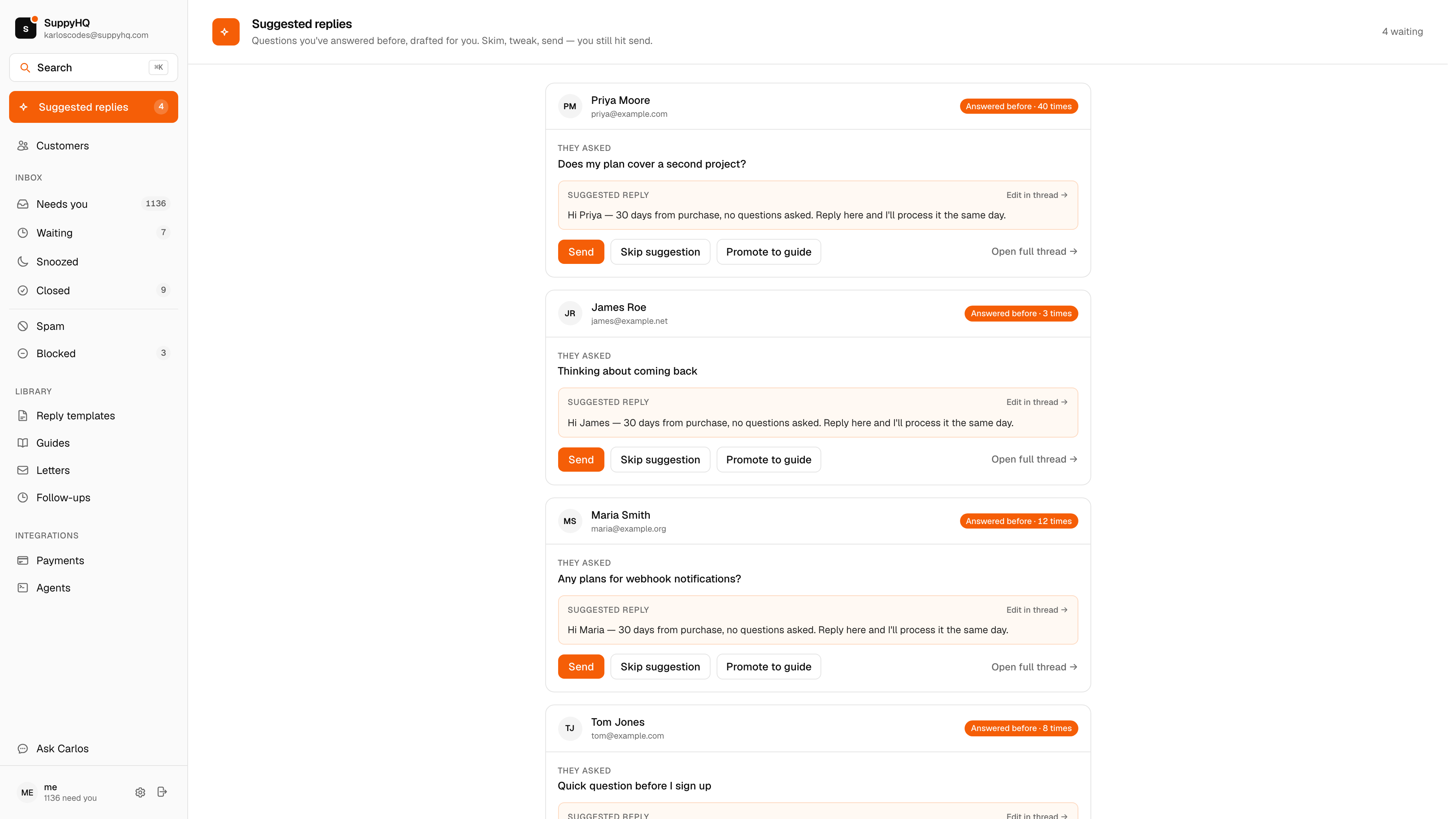 Suggested replies: past answers drafted for you, Send or Skip