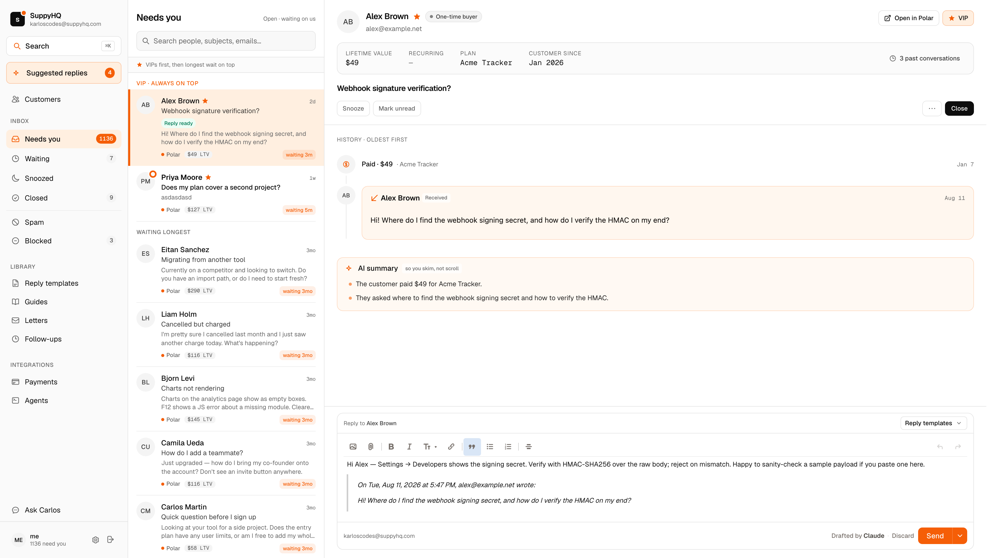 SuppyHQ inbox: the thread, who they are, and a reply ready to send