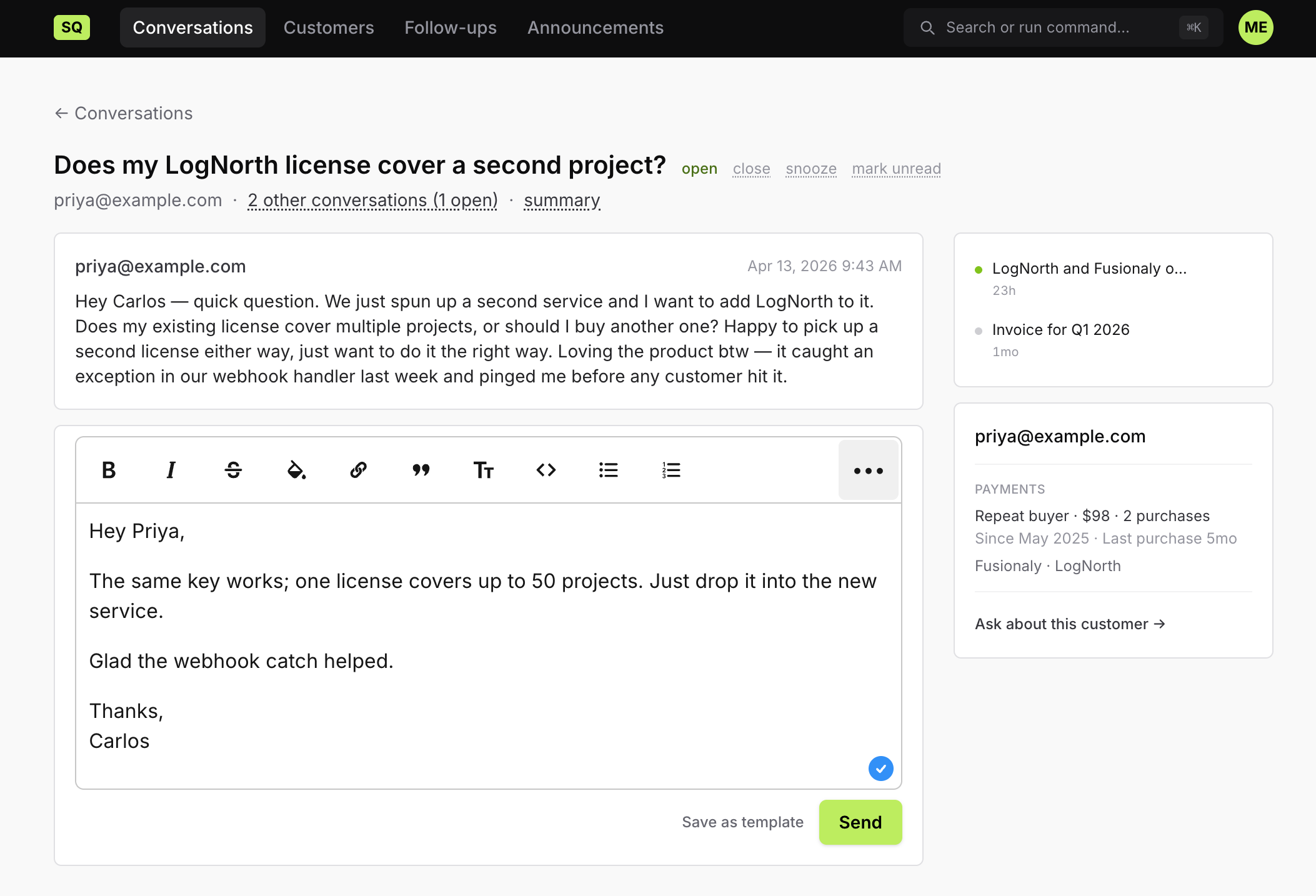 SuppyHQ inbox showing a customer conversation with LogNorth and Fusionaly purchase history in the sidebar